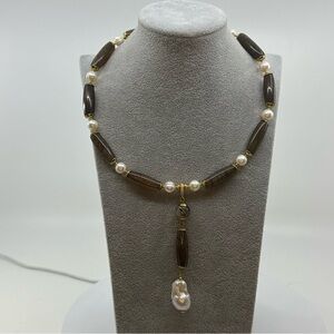 Dragon Vein Agate & Pearl Choker Necklace with Detachable Pendant | Gold-Tone